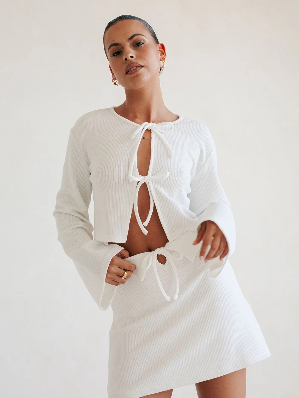 Sabo Skirt White Ribbed Tie-Front Crop Top & Mini Skirt Set